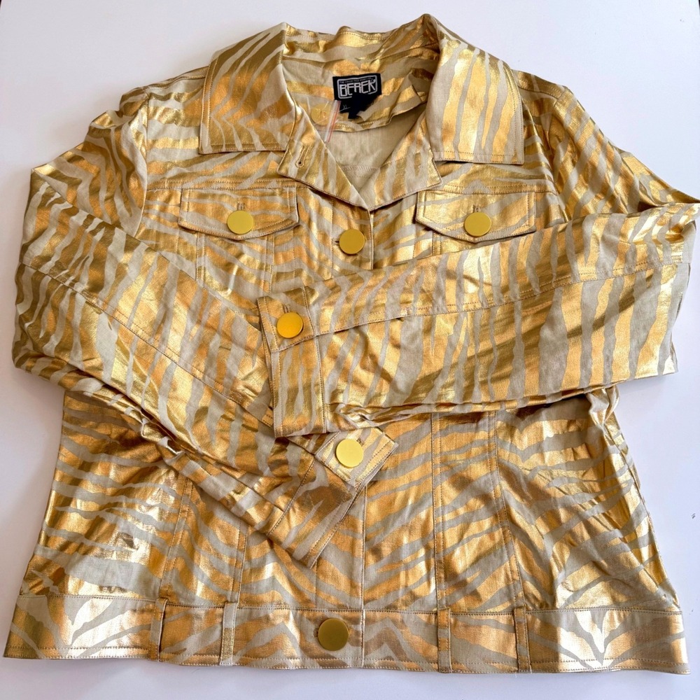 Berek Metallic Jacket Gold Zebra Print Linen Blend XL NEW Animal Print Retro‎